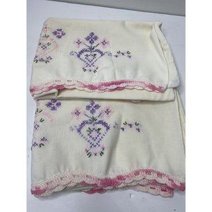 Vintage Embroidered Pillowcases Set 2 Purple Pink Flowers 20" X 30"